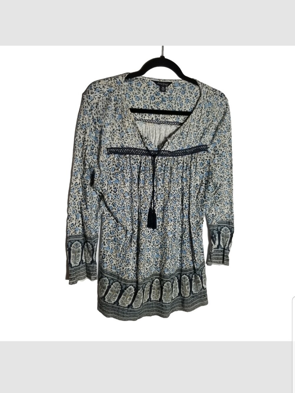Lucky Brand Top Women's XL Floral Paisley Blouse Tassel Tie Boho Cotton Linen